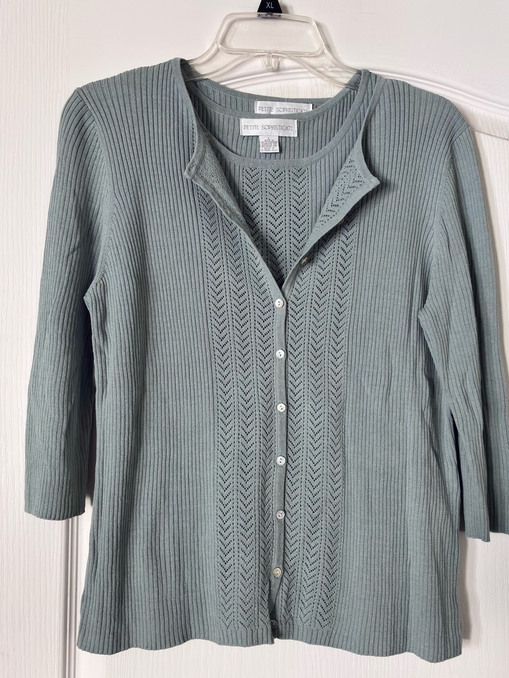 Retro Petite Sophisticate Women's Sage Green Button-Front Knit Sweater Twinset